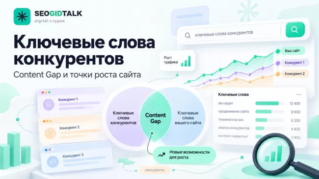 Анализ ключевых слов конкурентов сравнение позиций сайтов, поисковых кластеров и упущенных запросов Content Gap